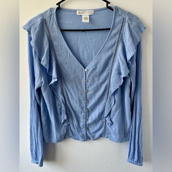 Planet Gold Tops - Planet Gold Women’s Blue ruffled v-neck crinkle blouse Cropped Peasant Boho Sz L